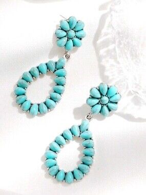 NEW! Silver Bohemian Turquoise Teardrop Floral Cluster Dangle Post Earrings